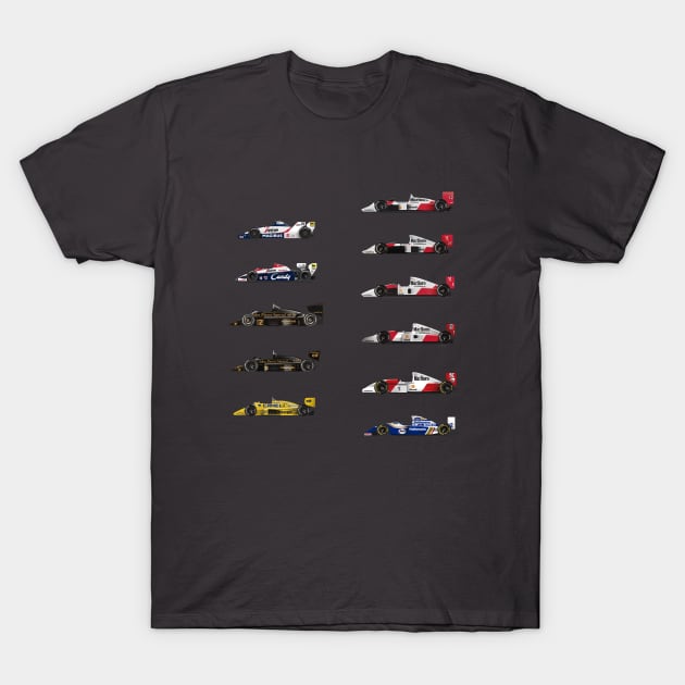 Ayrton Senna - All F1 Cars T-Shirt by Burro Wheel